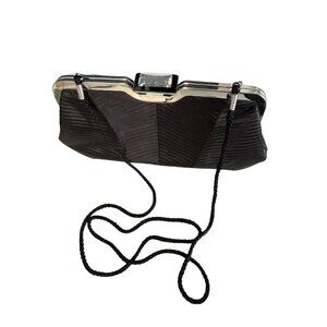 Kate Landry Evening Clutch Black Pleated Satin Rhinestone Clasp Mid 2000s Formal